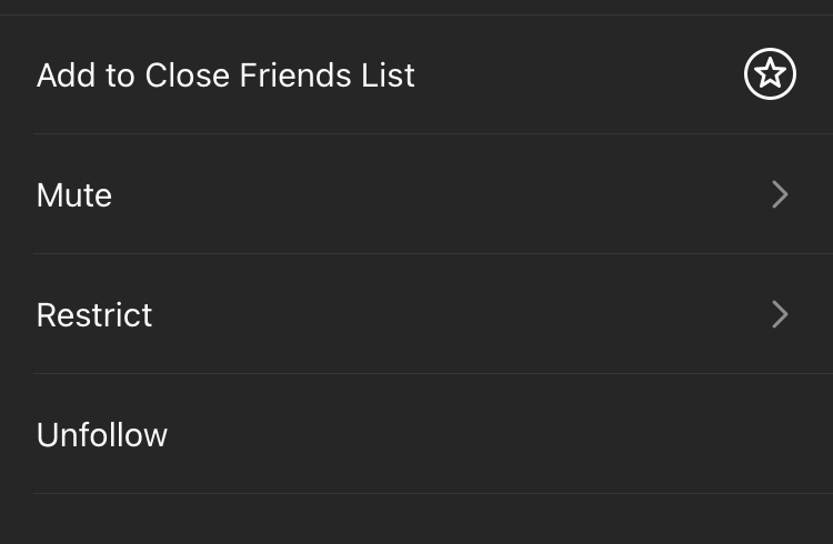 Instagram following options including options to favourite, restrict, and unfollow